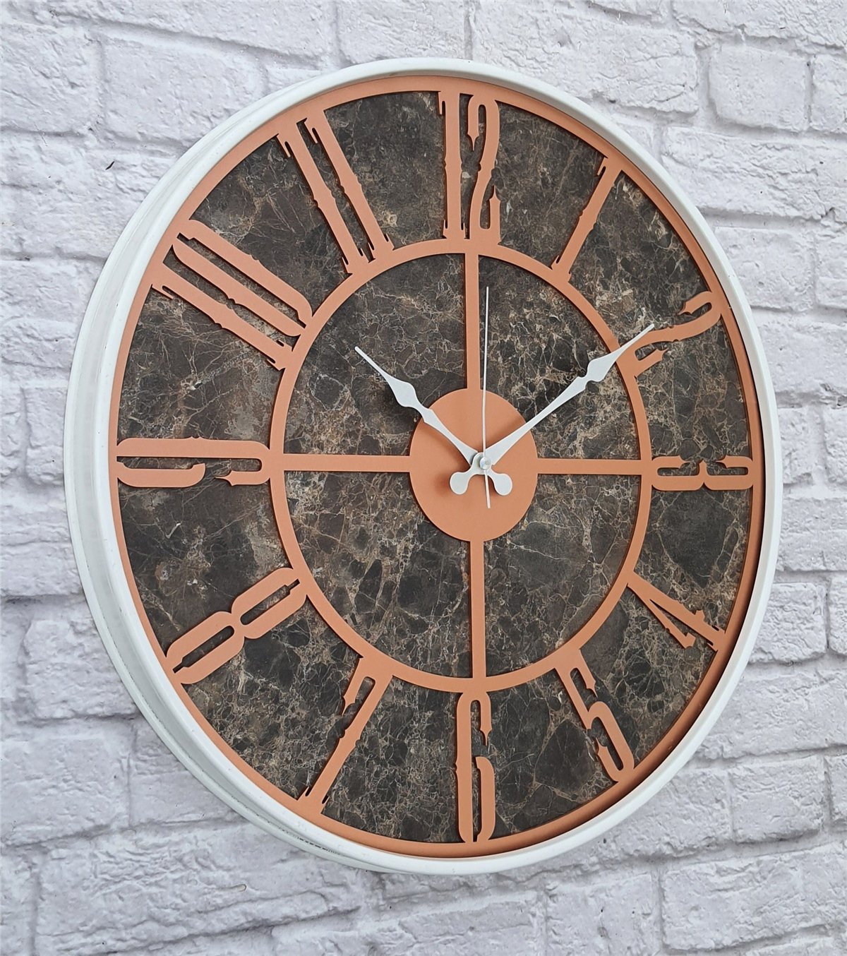 Markakanvas Beyaz Metal Kasalı Mermer Desenli  Duvar Saati  ( Çap 50 cm -Çap 80 cm )