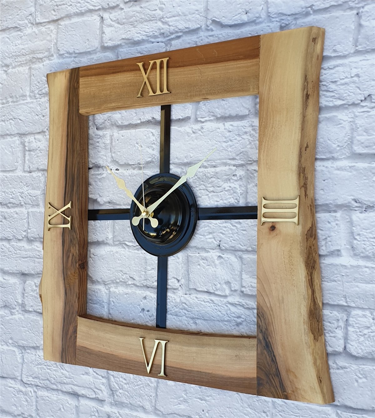 Markakanvas Doğal Ceviz Masif Ahşap,Metal Kare Duvar Saati 50x50cm