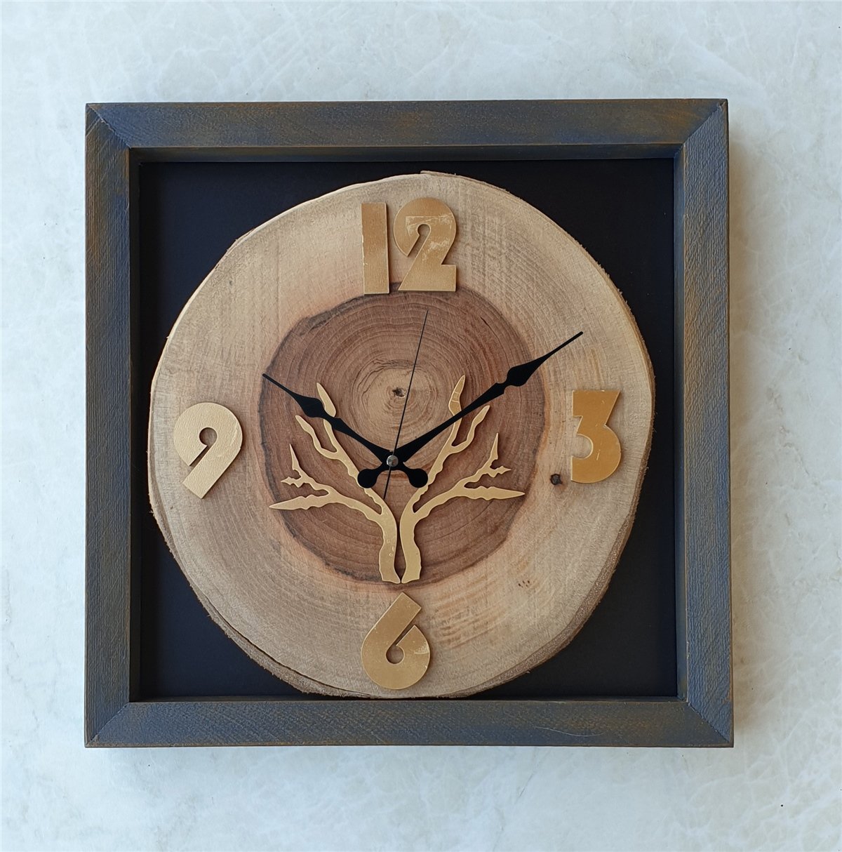 Markakanvas Doğal, Masif Eskitme Ahşap Çerçeveli,  Ceviz Ağacı Kare DUVAR , MASA Saati 30x30 cm