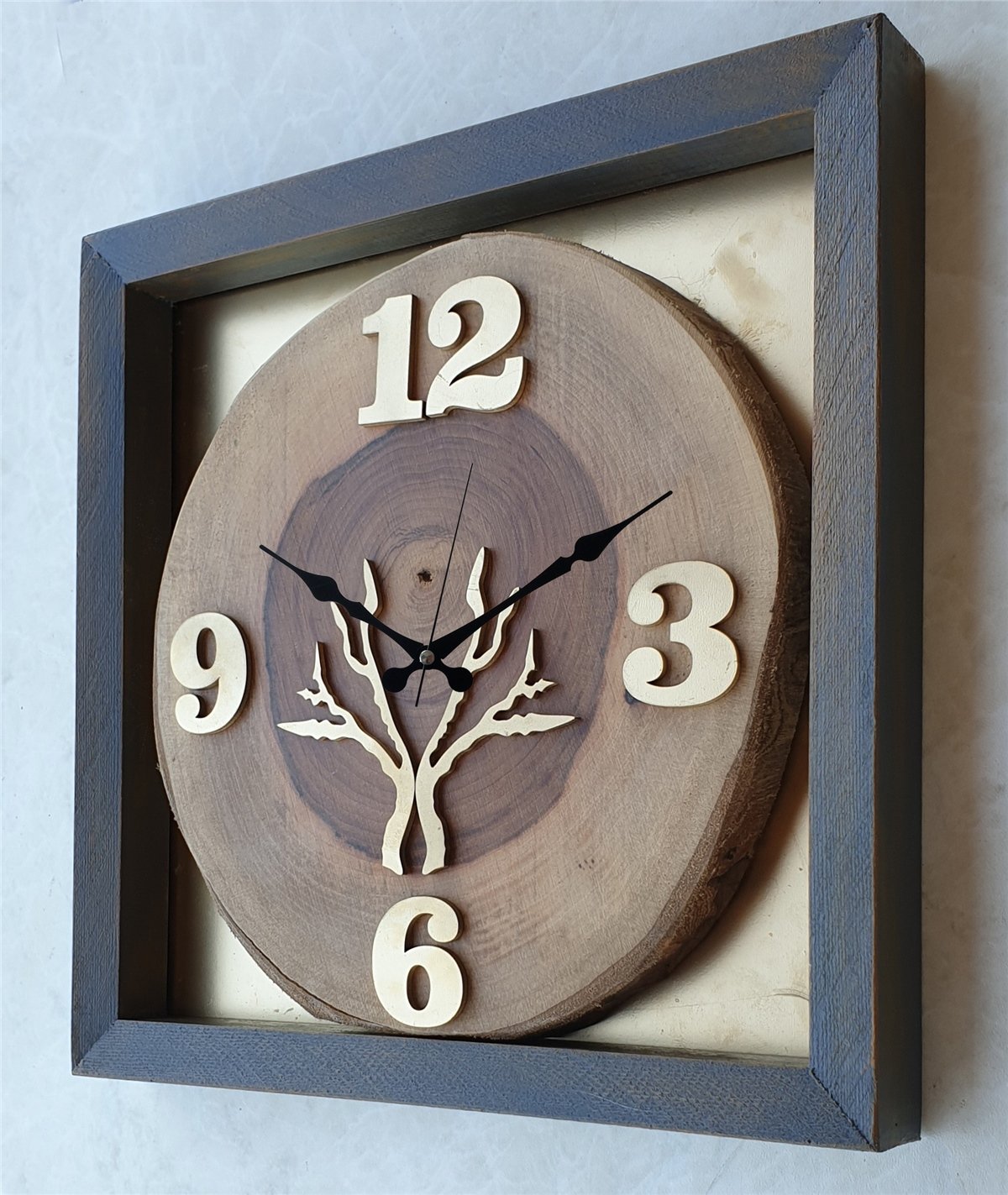 Markakanvas Doğal, Masif Eskitme Ahşap Çerçeveli,  Ceviz Ağacı Kare DUVAR , MASA Saati 30x30 cm