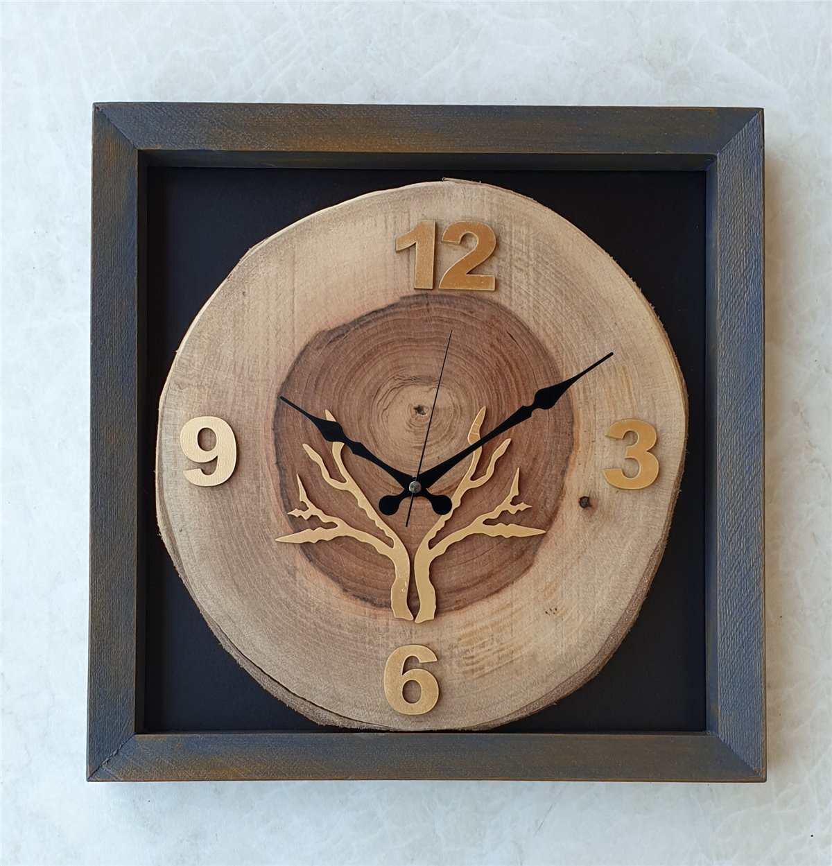 Markakanvas Doğal, Masif Eskitme Ahşap Çerçeveli,  Ceviz Ağacı Kare DUVAR , MASA Saati 30x30 cm