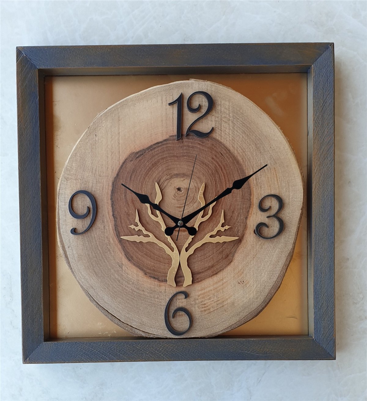 Markakanvas Doğal, Masif Eskitme Ahşap Çerçeveli,  Ceviz Ağacı Kare DUVAR , MASA Saati 30x30 cm