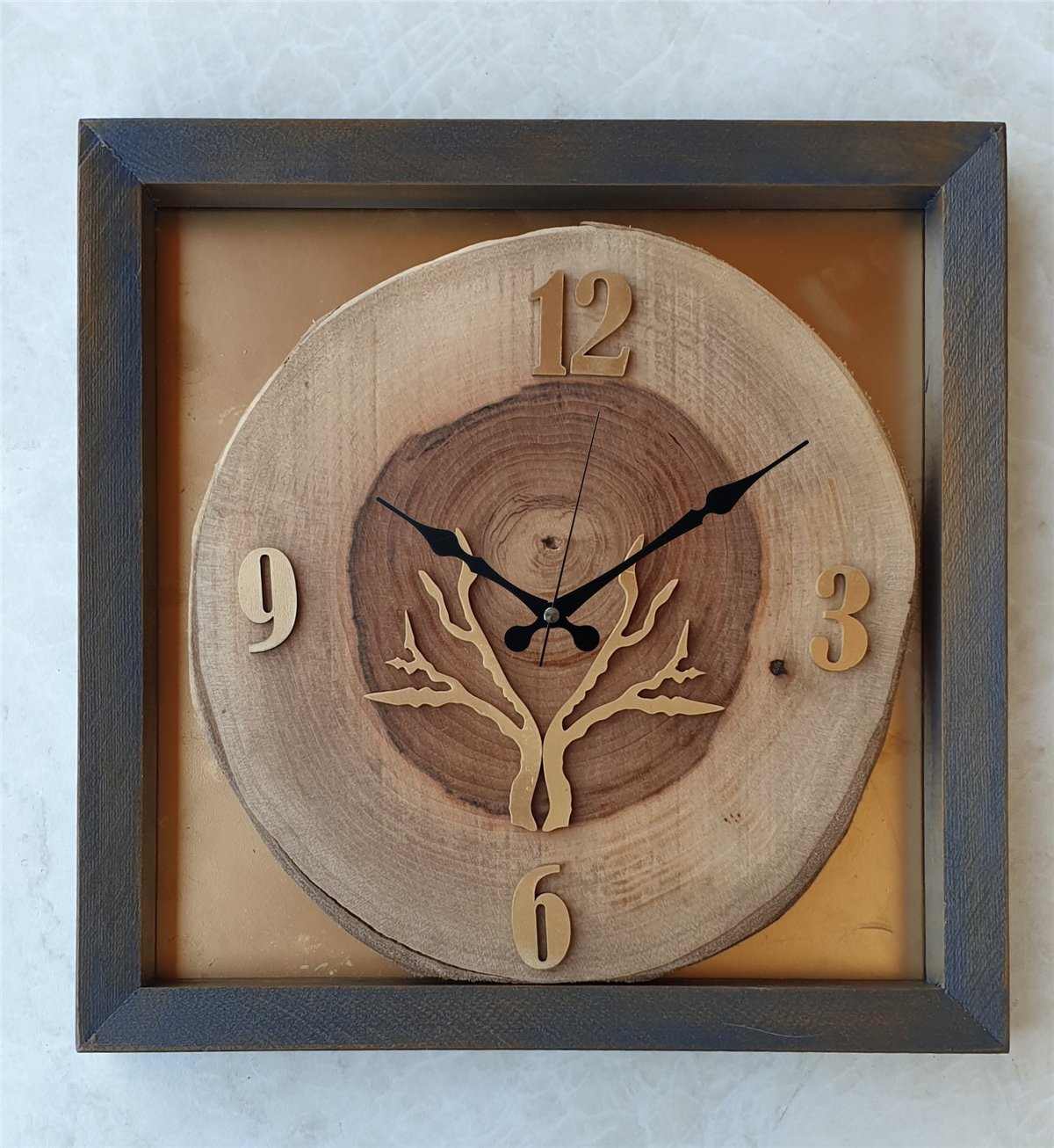 Markakanvas Doğal, Masif Eskitme Ahşap Çerçeveli,  Ceviz Ağacı Kare DUVAR , MASA Saati 30x30 cm