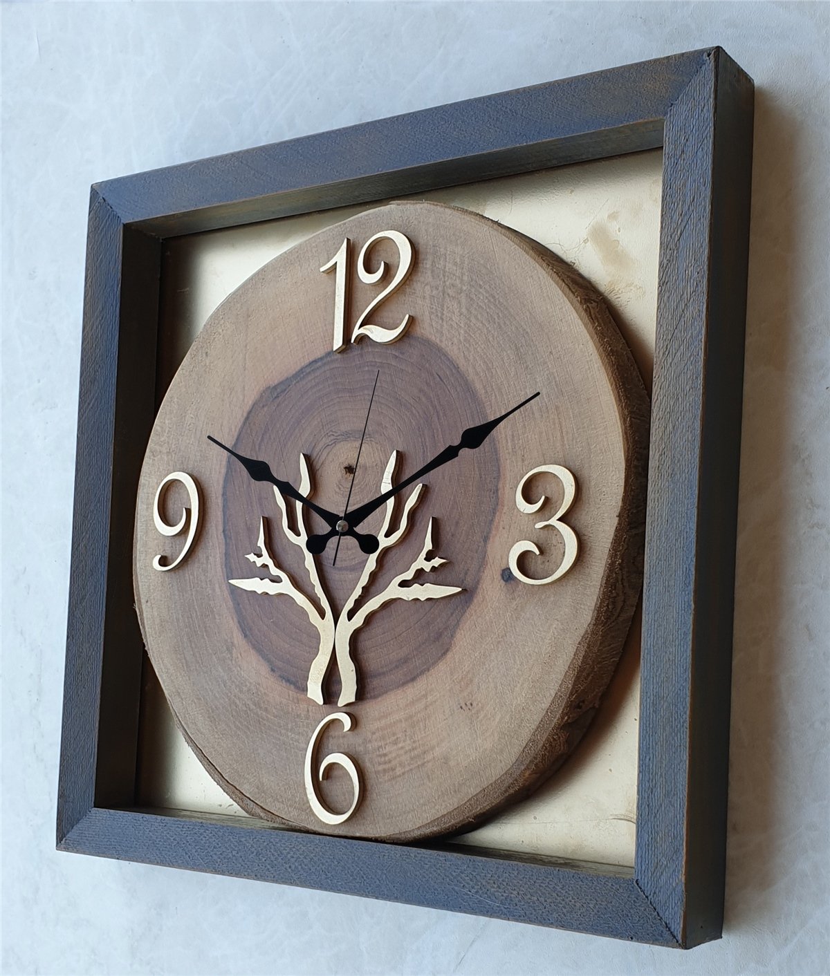 Markakanvas Doğal, Masif Eskitme Ahşap Çerçeveli,  Ceviz Ağacı Kare DUVAR , MASA Saati 30x30 cm