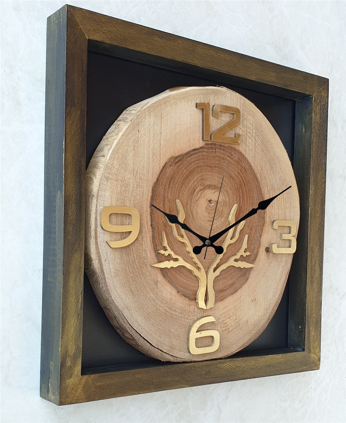 Markakanvas Doğal, Masif Eskitme Ahşap Çerçeveli,  Ceviz Ağacı Kare DUVAR , MASA Saati 30x30 cm