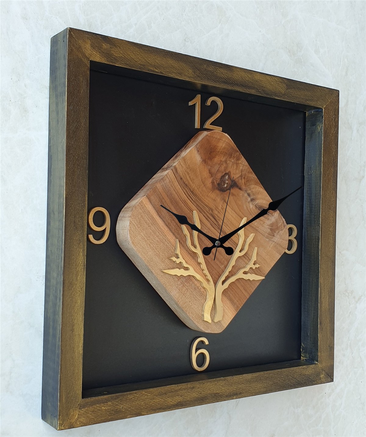 Markakanvas Doğal, Masif Eskitme Ahşap Çerçeveli,  Ceviz Ağacı Kare DUVAR , MASA Saati 30x30 cm
