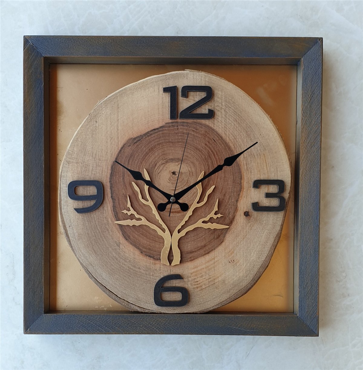 Markakanvas Doğal, Masif Eskitme Ahşap Çerçeveli,  Ceviz Ağacı Kare DUVAR , MASA Saati 30x30 cm