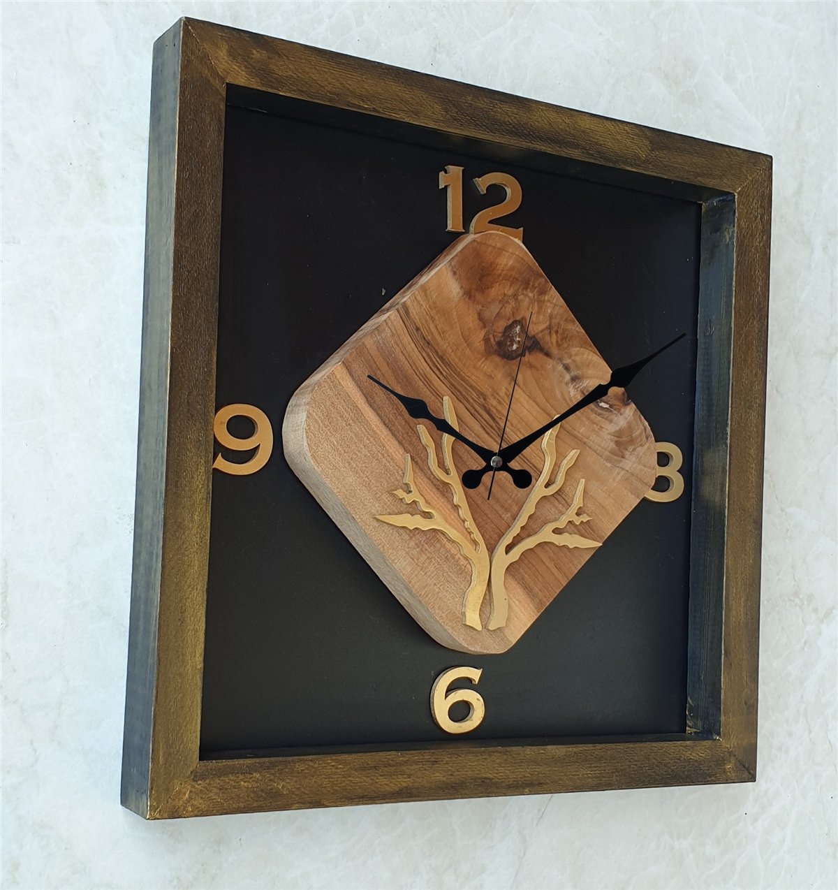 Markakanvas Doğal, Masif Eskitme Ahşap Çerçeveli,  Ceviz Ağacı Kare DUVAR , MASA Saati 30x30 cm