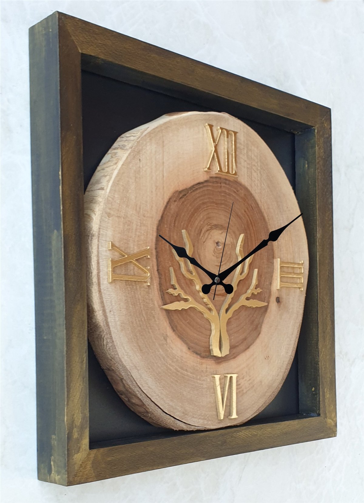 Markakanvas Doğal, Masif Eskitme Ahşap Çerçeveli,  Ceviz Ağacı Kare DUVAR , MASA Saati 30x30 cm