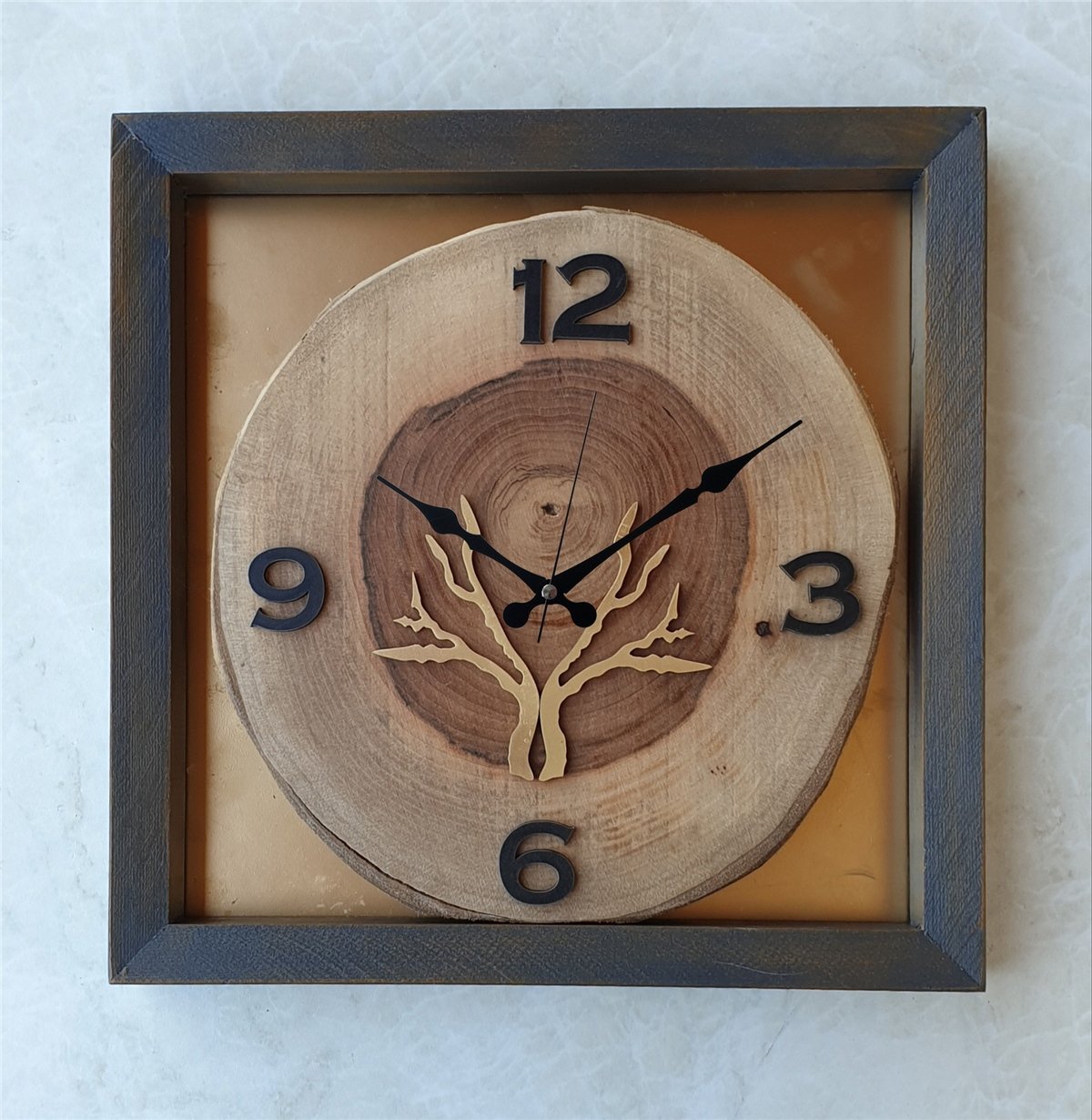 Markakanvas Doğal, Masif Eskitme Ahşap Çerçeveli,  Ceviz Ağacı Kare DUVAR , MASA Saati 30x30 cm