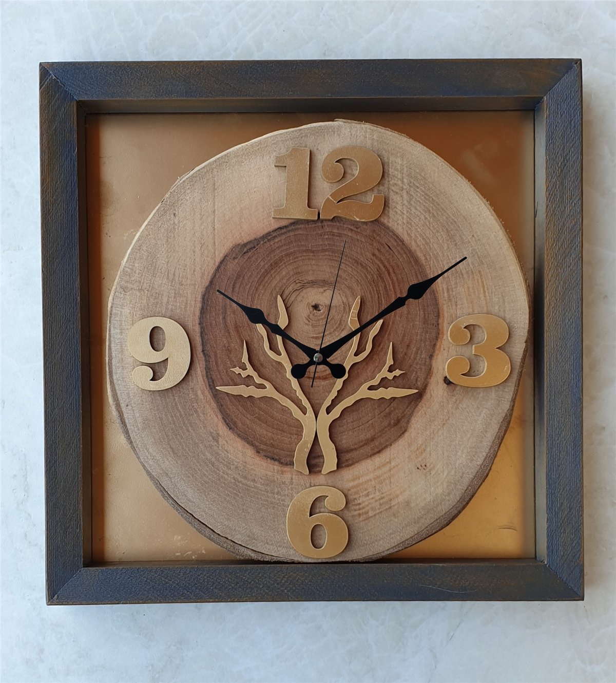Markakanvas Doğal, Masif Eskitme Ahşap Çerçeveli,  Ceviz Ağacı Kare DUVAR , MASA Saati 30x30 cm