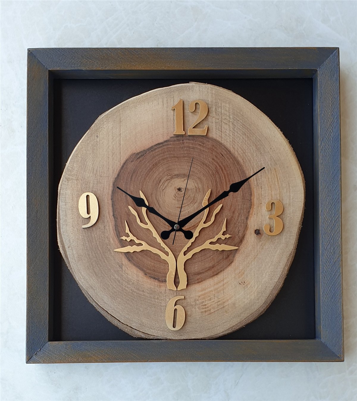 Markakanvas Doğal, Masif Eskitme Ahşap Çerçeveli,  Ceviz Ağacı Kare DUVAR , MASA Saati 30x30 cm