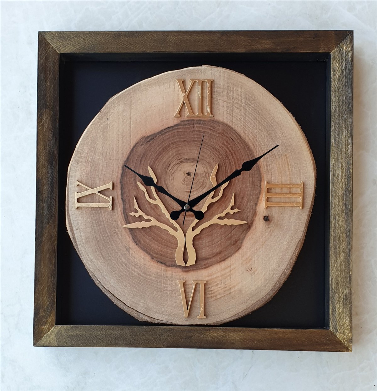 Markakanvas Doğal, Masif Eskitme Ahşap Çerçeveli,  Ceviz Ağacı Kare DUVAR , MASA Saati 30x30 cm