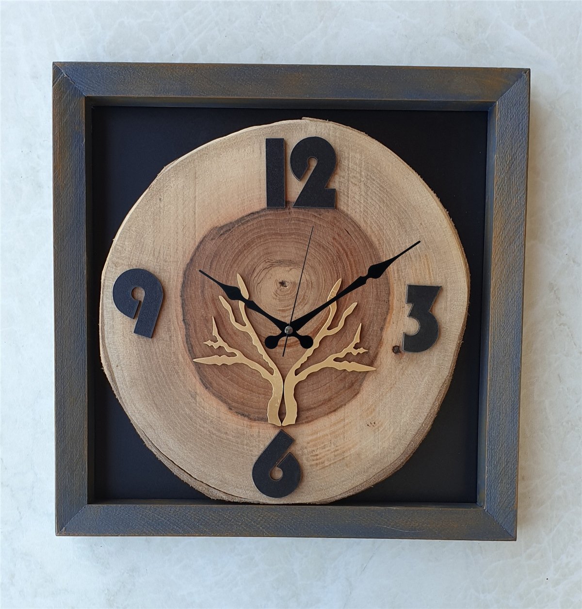 Markakanvas Doğal, Masif Eskitme Ahşap Çerçeveli,  Ceviz Ağacı Kare DUVAR , MASA Saati 30x30 cm