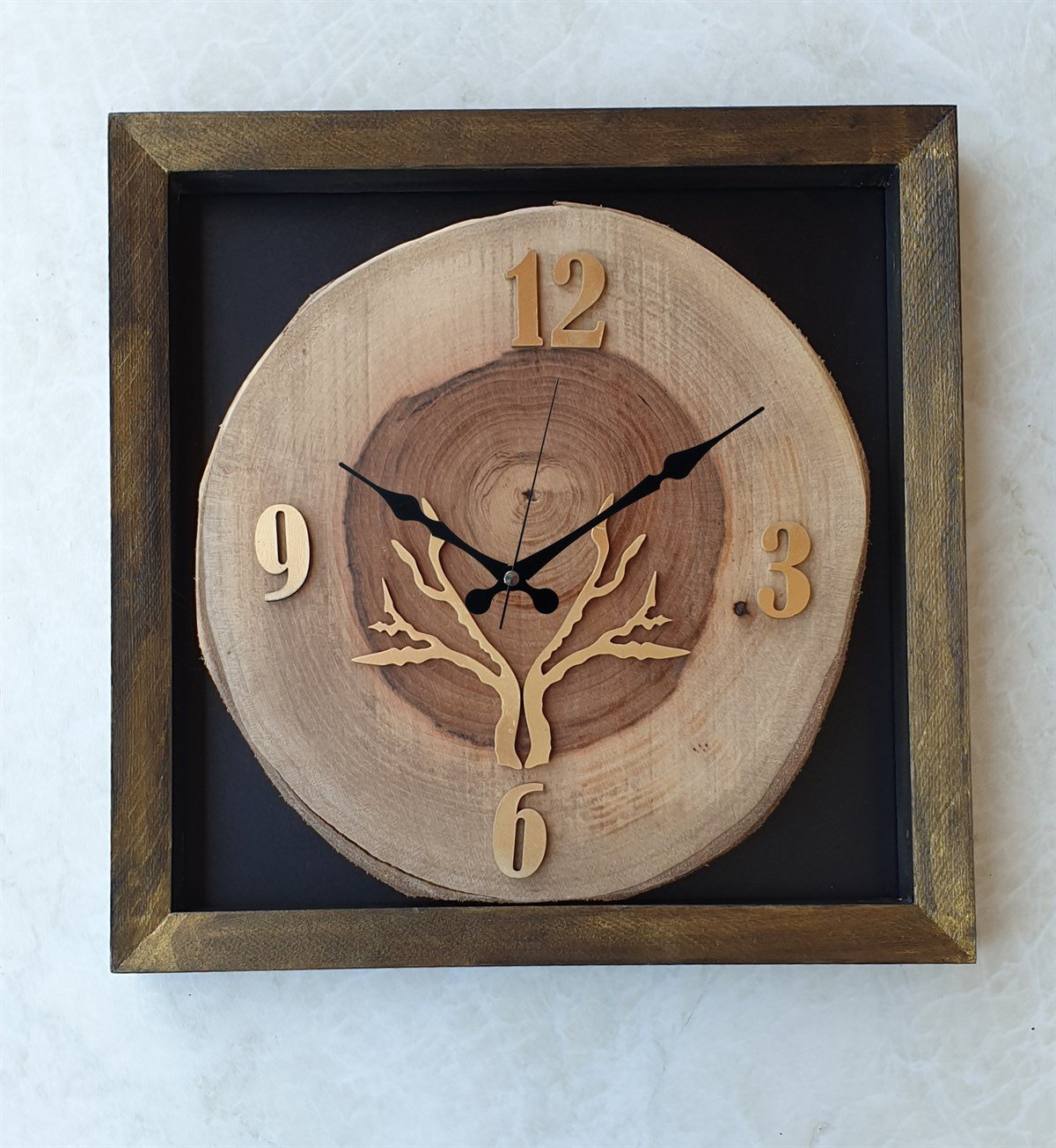 Markakanvas Doğal, Masif Eskitme Ahşap Çerçeveli,  Ceviz Ağacı Kare DUVAR , MASA Saati 30x30 cm