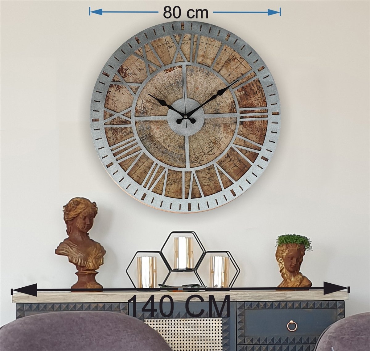 Markakanvas Eski Dünya Haritalı Duvar Saati   (Çap 50 cm - 80 cm )