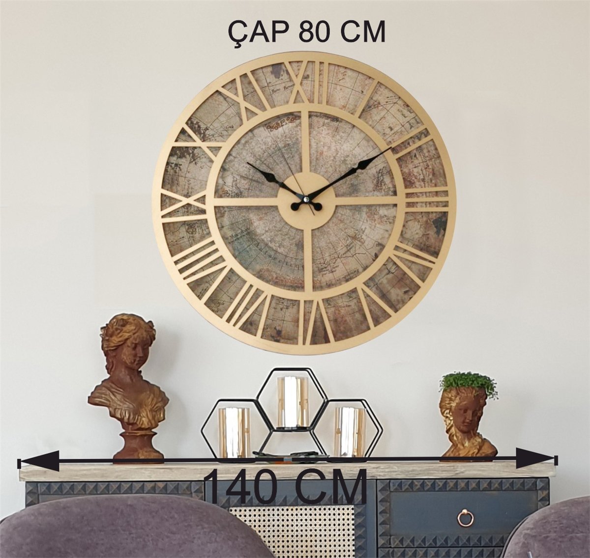 Markakanvas Eski Dünya Haritalı Duvar Saati   (Çap 50 cm - 80 cm )