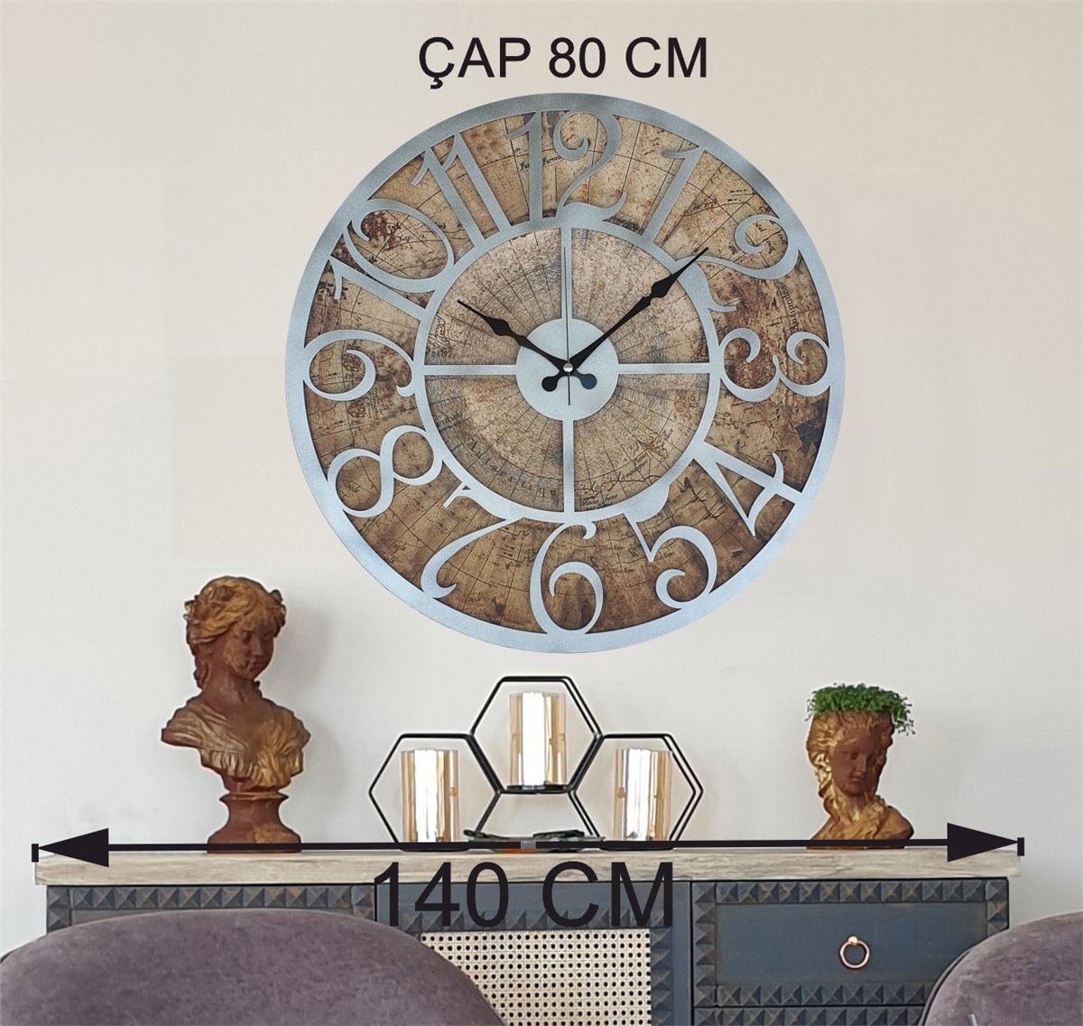Markakanvas Eski Dünya Haritalı Duvar Saati   (Çap 50 cm - 80 cm )