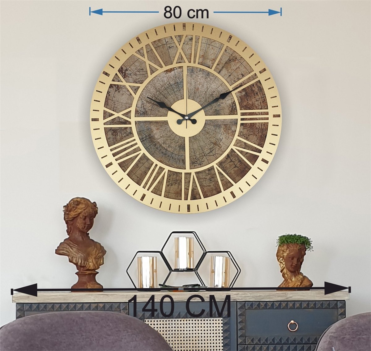 Markakanvas Eski Dünya Haritalı Duvar Saati   (Çap 50 cm - 80 cm )