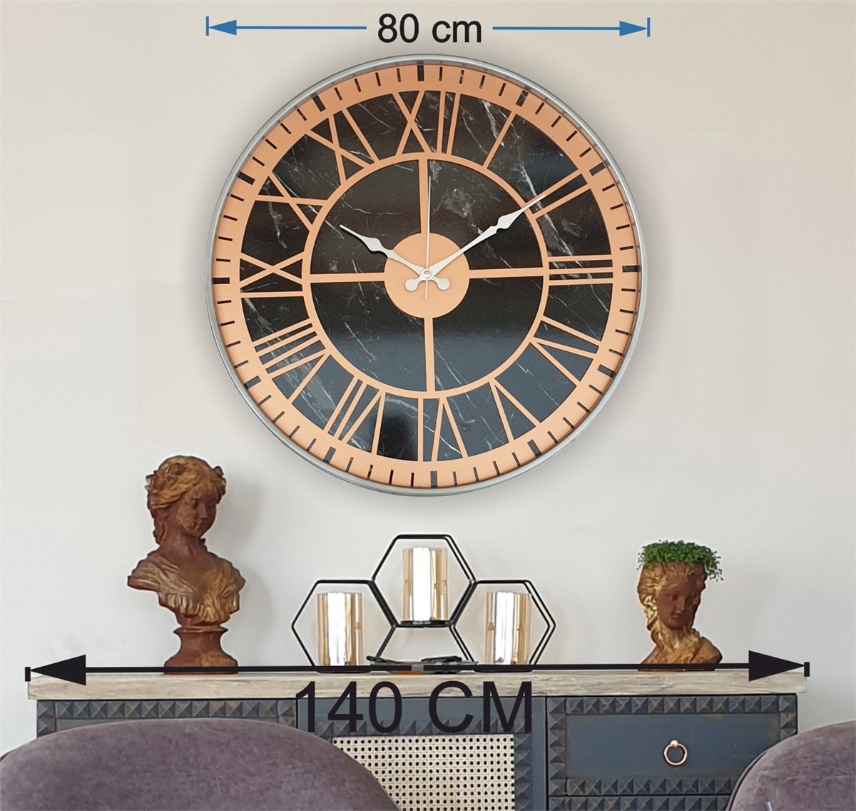 Markakanvas Gri  Metal Kasalı Mermer Desenli  Duvar Saati  ( Çap 50 cm -Çap 80 cm )