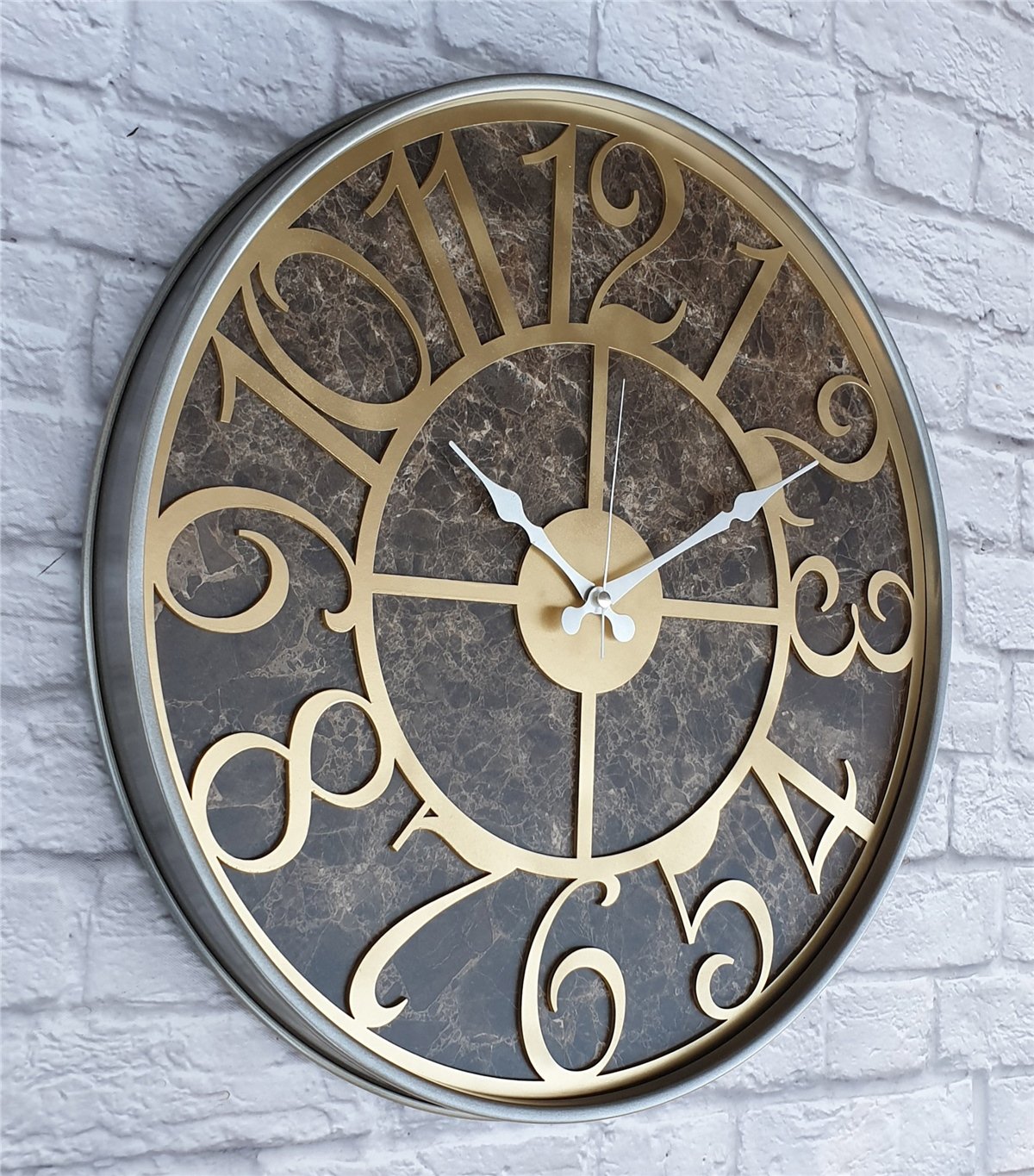 Markakanvas Gri  Metal Kasalı Mermer Desenli  Duvar Saati  ( Çap 50 cm -Çap 80 cm )