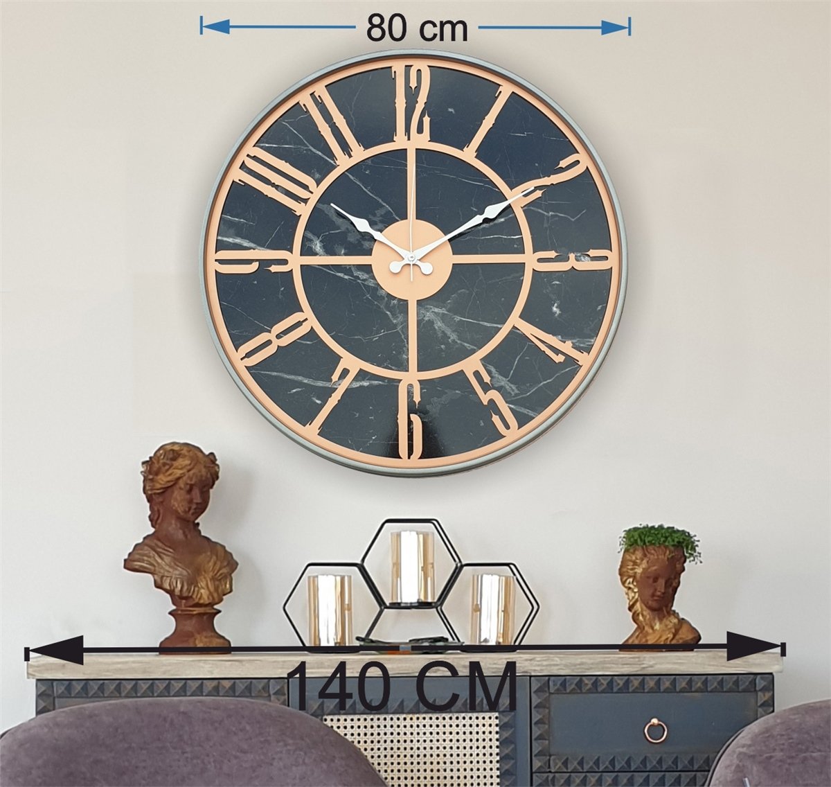 Markakanvas Gri  Metal Kasalı Mermer Desenli  Duvar Saati  ( Çap 50 cm -Çap 80 cm )