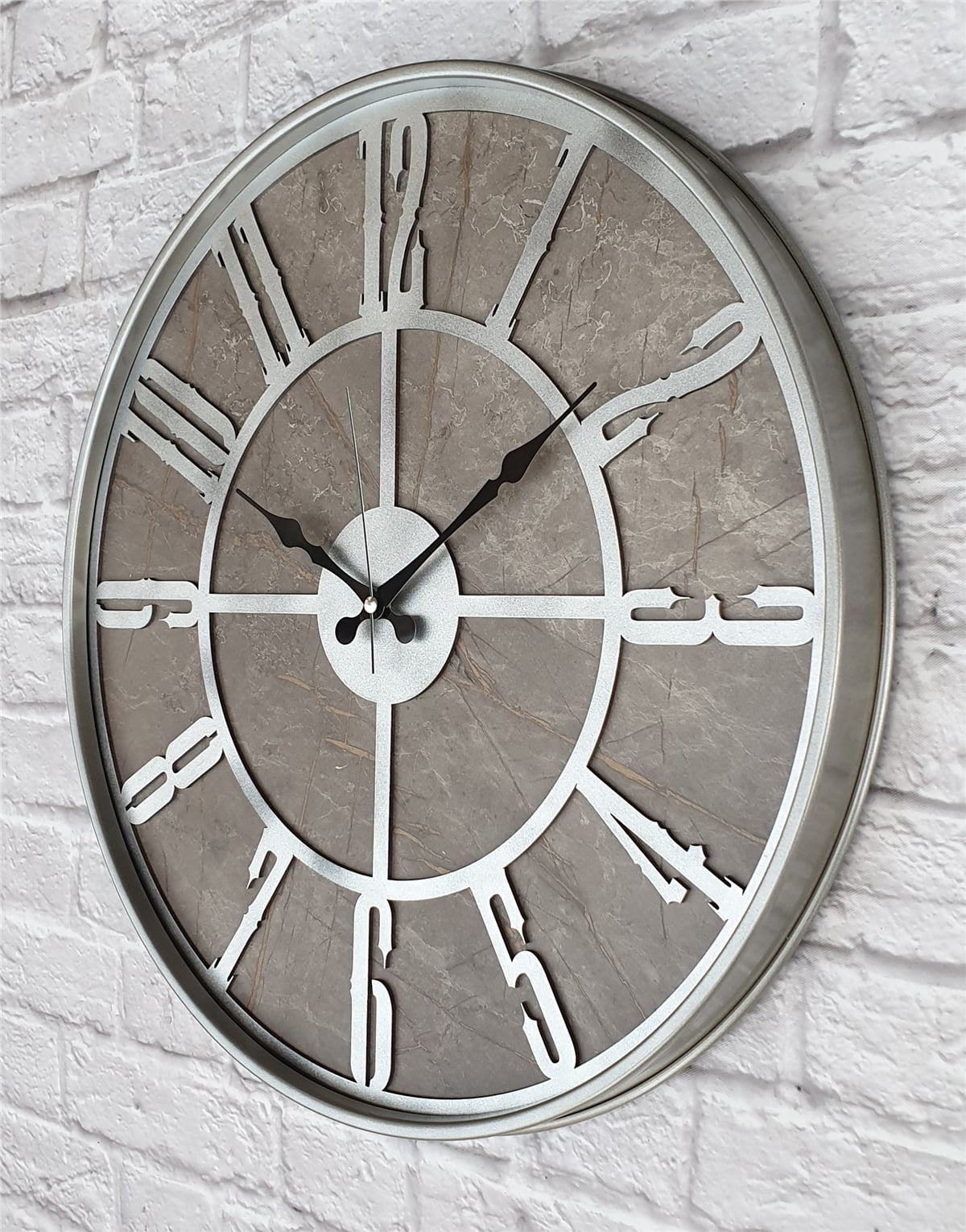 Markakanvas Gri  Metal Kasalı Mermer Desenli  Duvar Saati  ( Çap 50 cm -Çap 80 cm )