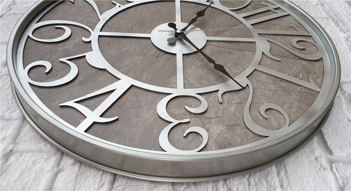 Markakanvas Gri  Metal Kasalı Mermer Desenli  Duvar Saati  ( Çap 50 cm -Çap 80 cm )