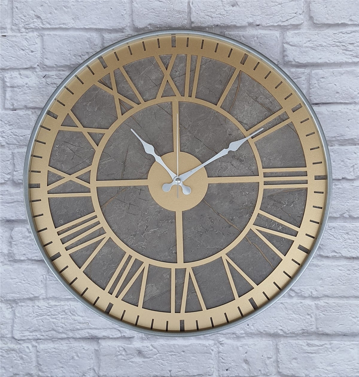 Markakanvas Gri  Metal Kasalı Mermer Desenli  Duvar Saati  ( Çap 50 cm -Çap 80 cm )