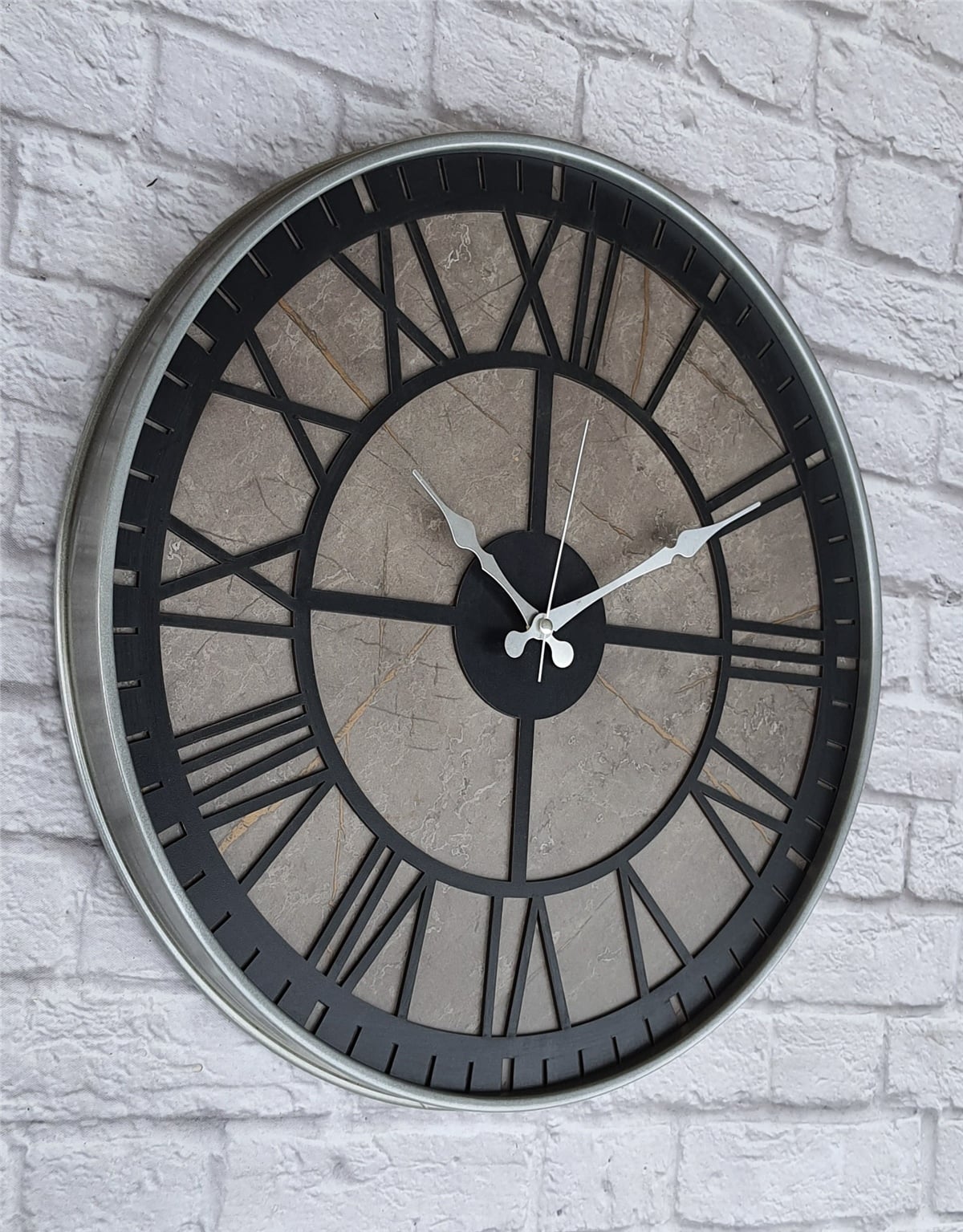 Markakanvas Gri  Metal Kasalı Mermer Desenli  Duvar Saati  ( Çap 50 cm -Çap 80 cm )