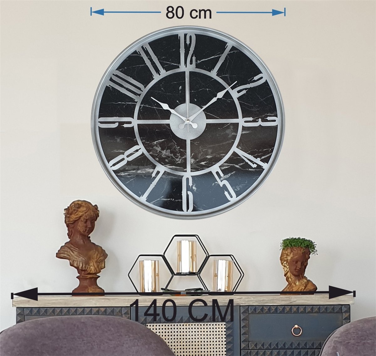 Markakanvas Gri  Metal Kasalı Mermer Desenli  Duvar Saati  ( Çap 50 cm -Çap 80 cm )