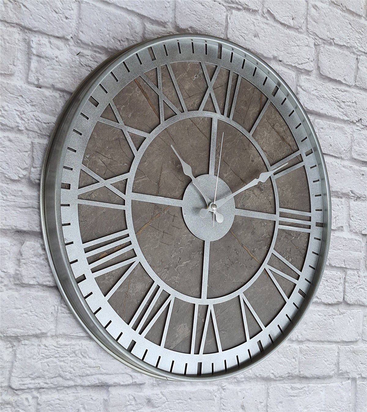 Markakanvas Gri  Metal Kasalı Mermer Desenli  Duvar Saati  ( Çap 50 cm -Çap 80 cm )