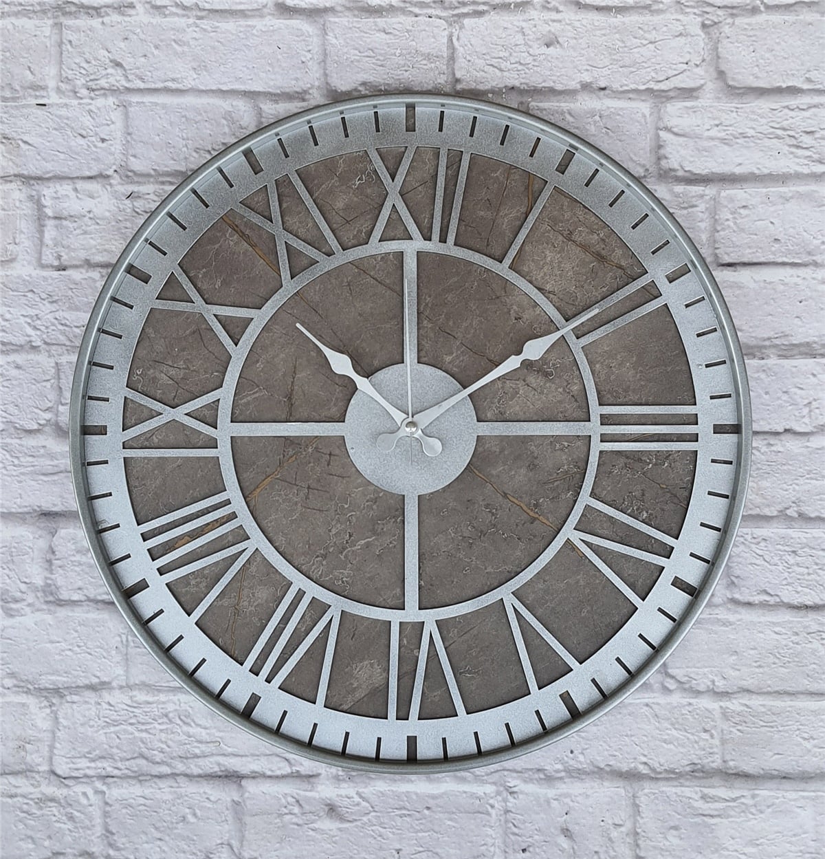 Markakanvas Gri  Metal Kasalı Mermer Desenli  Duvar Saati  ( Çap 50 cm -Çap 80 cm )