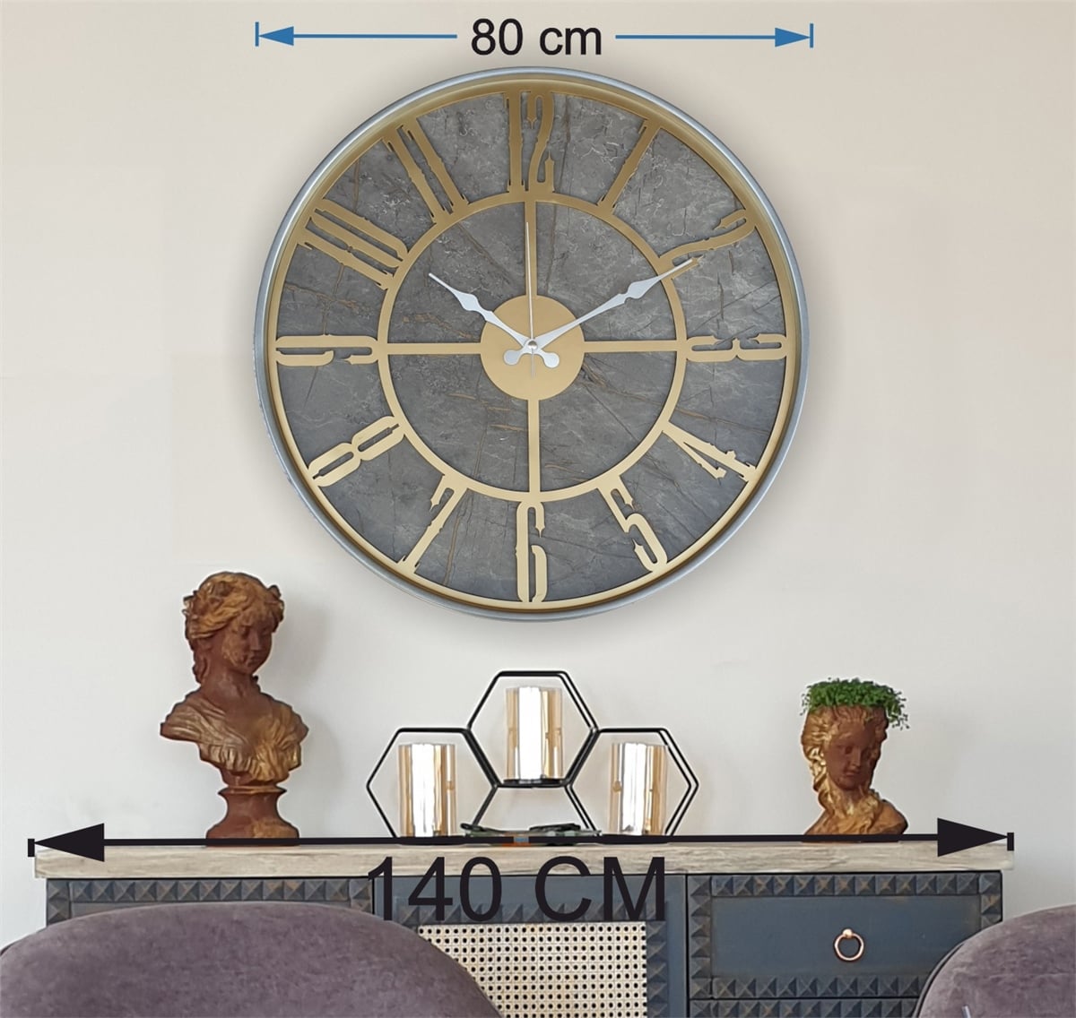 Markakanvas Gri  Metal Kasalı Mermer Desenli  Duvar Saati  ( Çap 50 cm -Çap 80 cm )