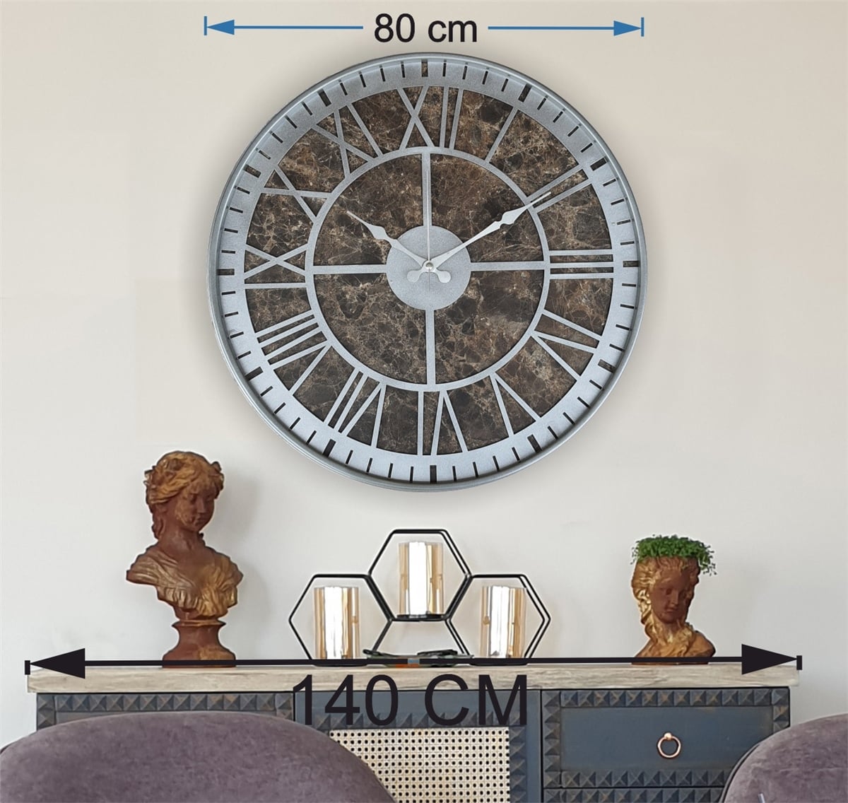 Markakanvas Gri  Metal Kasalı Mermer Desenli  Duvar Saati  ( Çap 50 cm -Çap 80 cm )