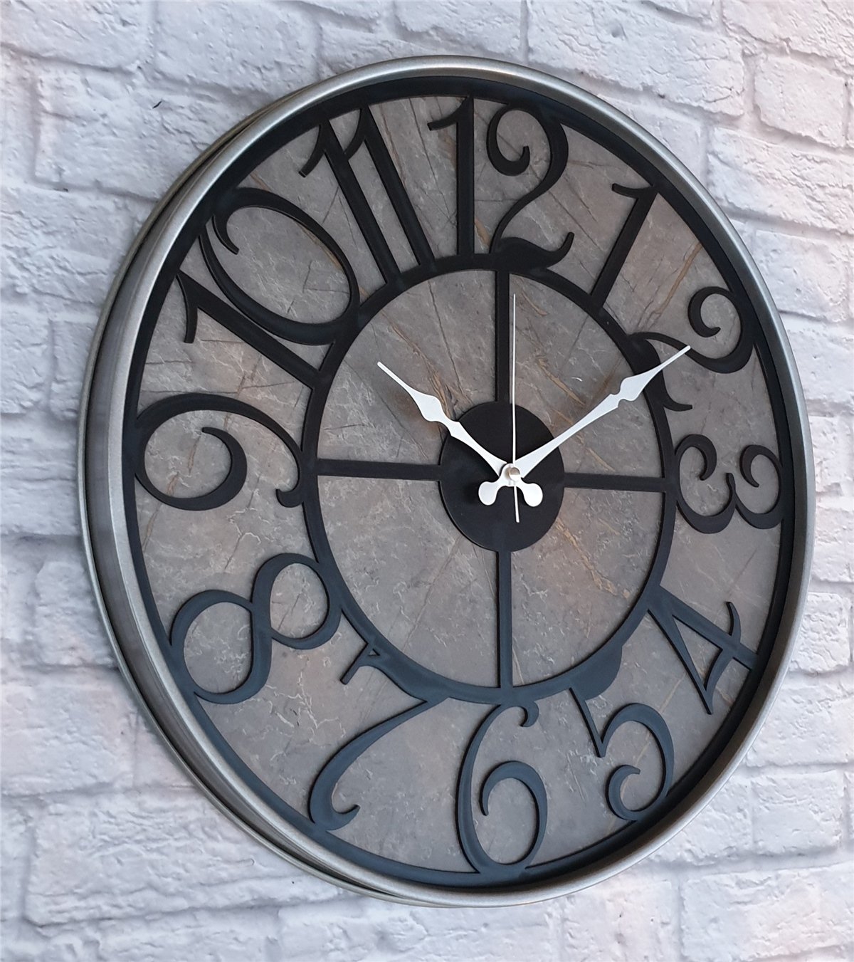 Markakanvas Gri  Metal Kasalı Mermer Desenli  Duvar Saati  ( Çap 50 cm -Çap 80 cm )