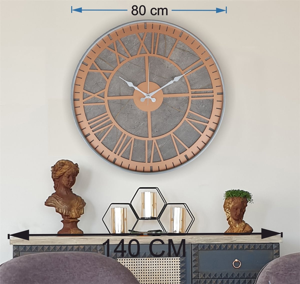 Markakanvas Gri  Metal Kasalı Mermer Desenli  Duvar Saati  ( Çap 50 cm -Çap 80 cm )