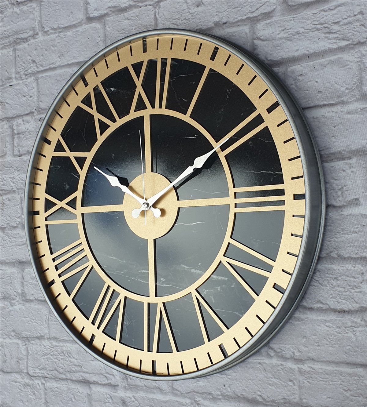 Markakanvas Gri  Metal Kasalı Mermer Desenli  Duvar Saati  ( Çap 50 cm -Çap 80 cm )