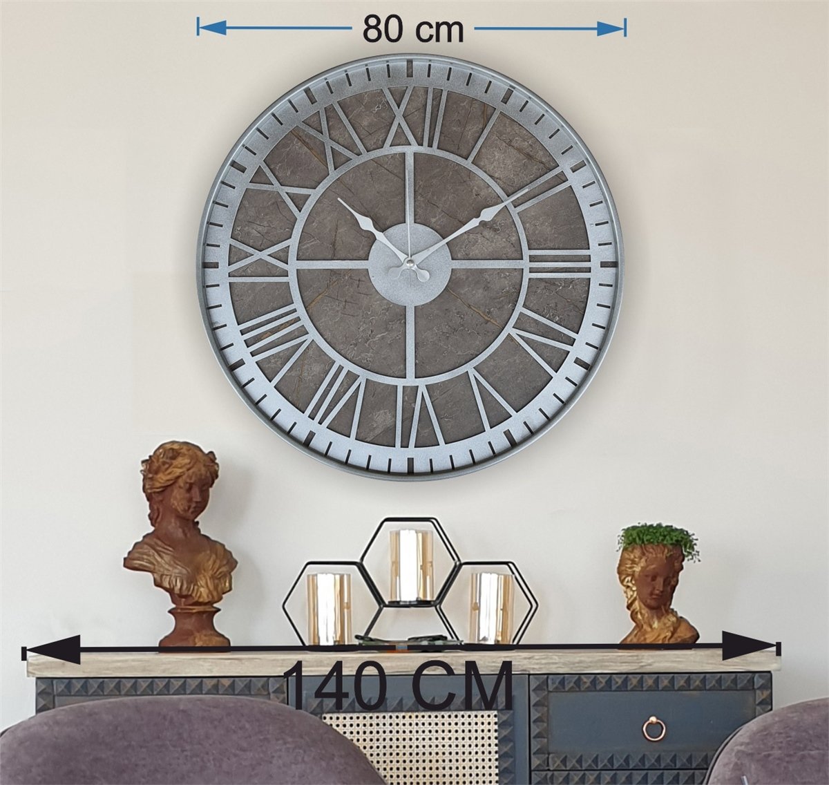 Markakanvas Gri  Metal Kasalı Mermer Desenli  Duvar Saati  ( Çap 50 cm -Çap 80 cm )