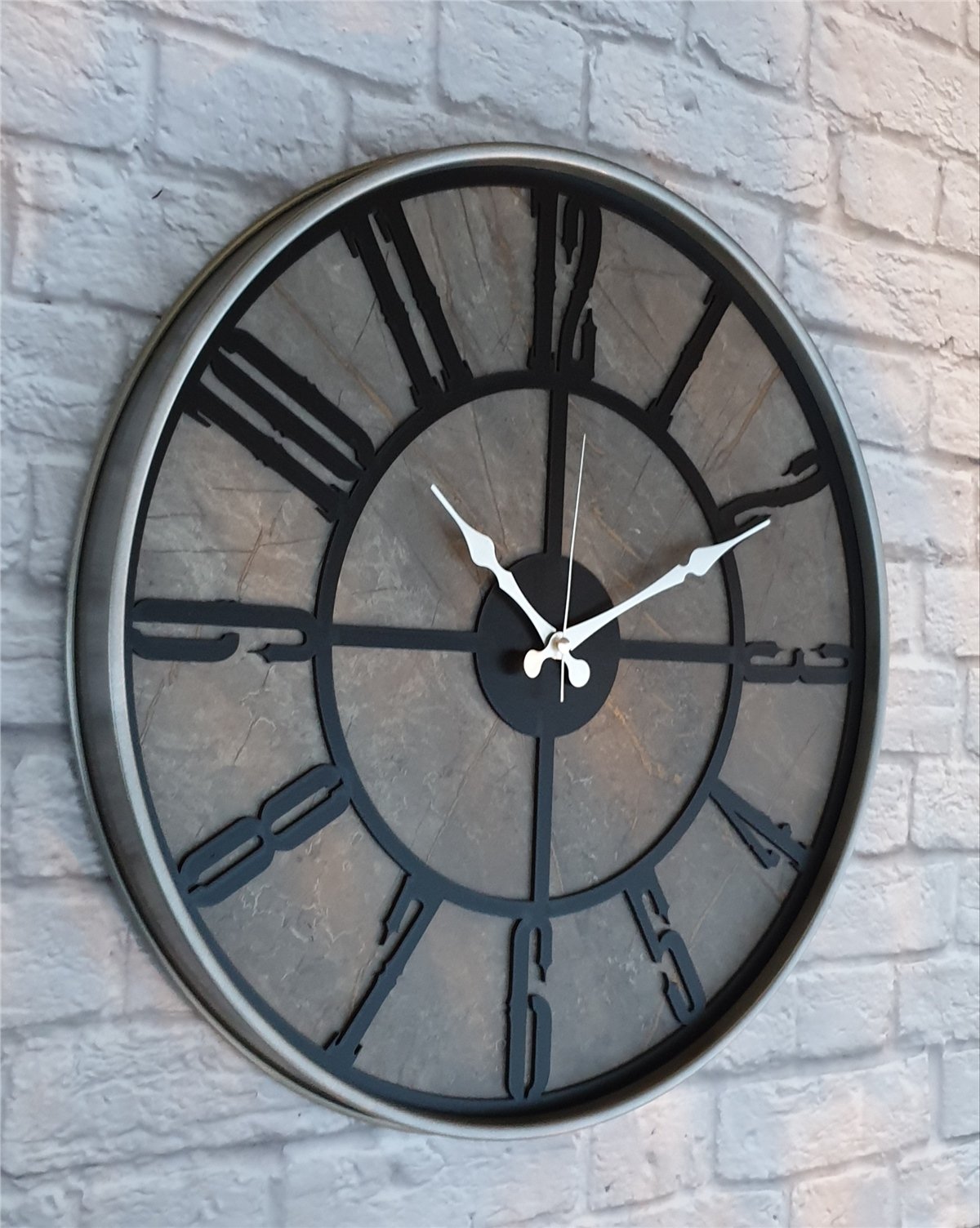 Markakanvas Gri  Metal Kasalı Mermer Desenli  Duvar Saati  ( Çap 50 cm -Çap 80 cm )