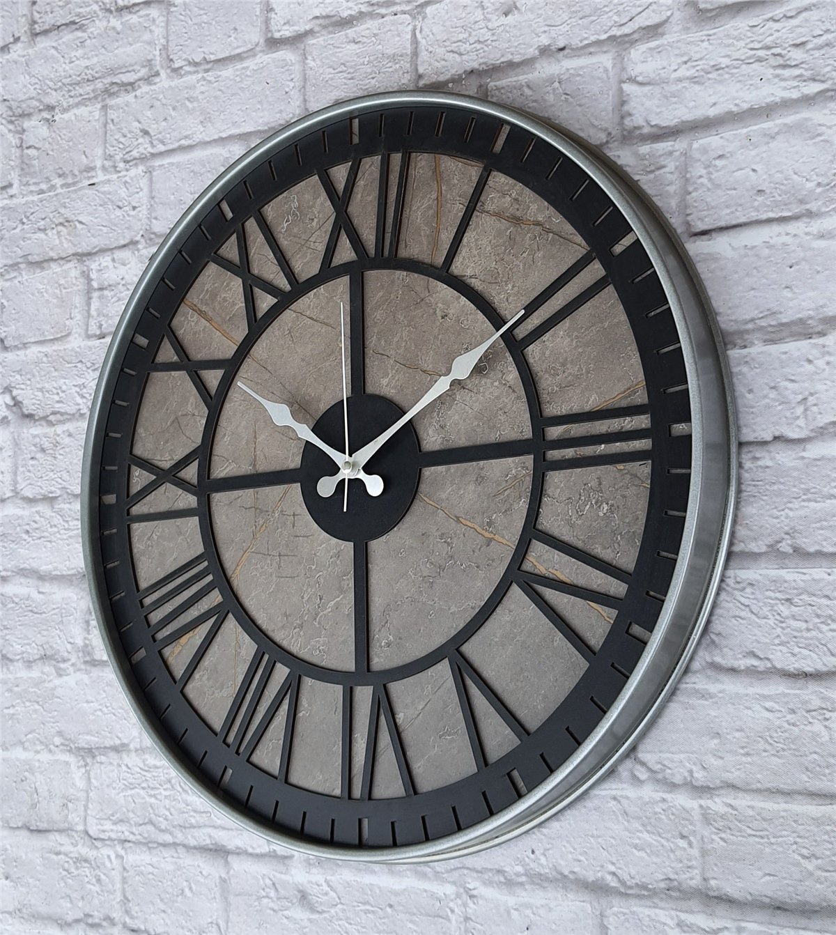 Markakanvas Gri  Metal Kasalı Mermer Desenli  Duvar Saati  ( Çap 50 cm -Çap 80 cm )