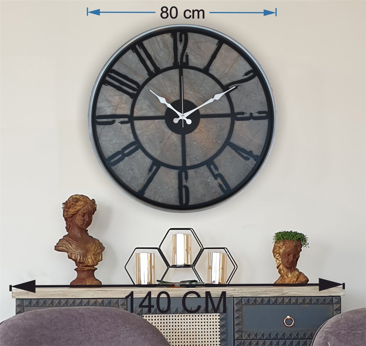 Markakanvas Gri  Metal Kasalı Mermer Desenli  Duvar Saati  ( Çap 50 cm -Çap 80 cm )