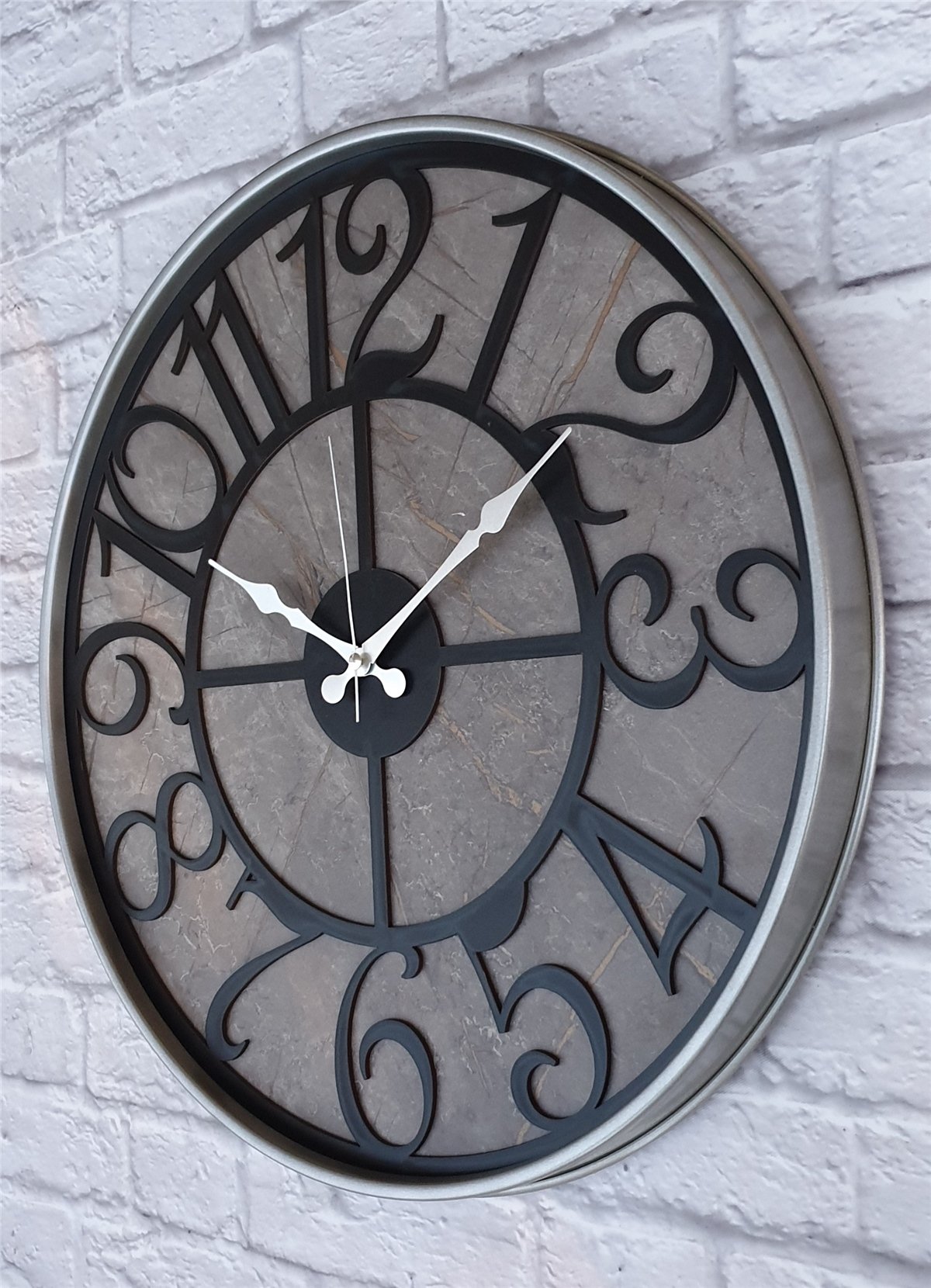 Markakanvas Gri  Metal Kasalı Mermer Desenli  Duvar Saati  ( Çap 50 cm -Çap 80 cm )