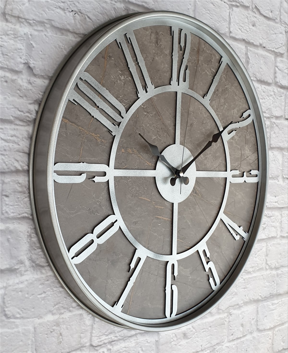 Markakanvas Gri  Metal Kasalı Mermer Desenli  Duvar Saati  ( Çap 50 cm -Çap 80 cm )