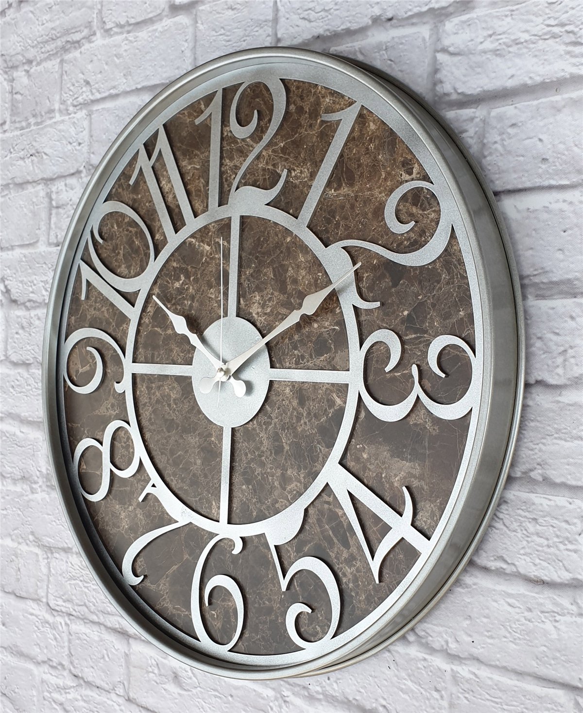 Markakanvas Gri  Metal Kasalı Mermer Desenli  Duvar Saati  ( Çap 50 cm -Çap 80 cm )