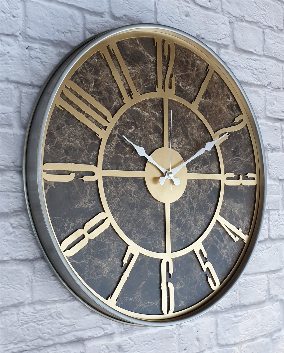 Markakanvas Gri  Metal Kasalı Mermer Desenli  Duvar Saati  ( Çap 50 cm -Çap 80 cm )