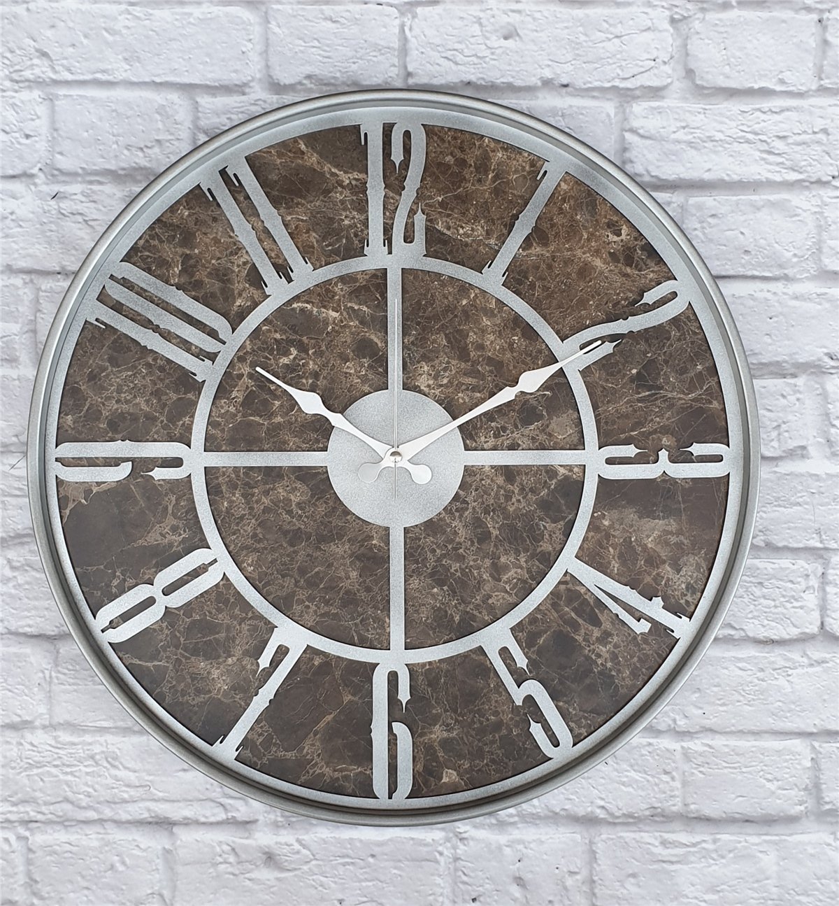 Markakanvas Gri  Metal Kasalı Mermer Desenli  Duvar Saati  ( Çap 50 cm -Çap 80 cm )