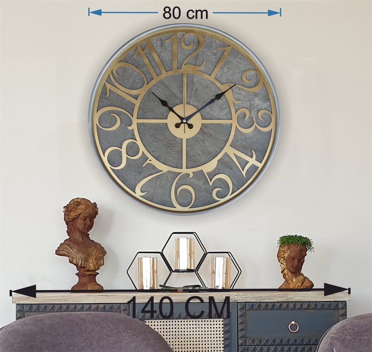 Markakanvas Gri  Metal Kasalı Mermer Desenli  Duvar Saati  ( Çap 50 cm -Çap 80 cm )