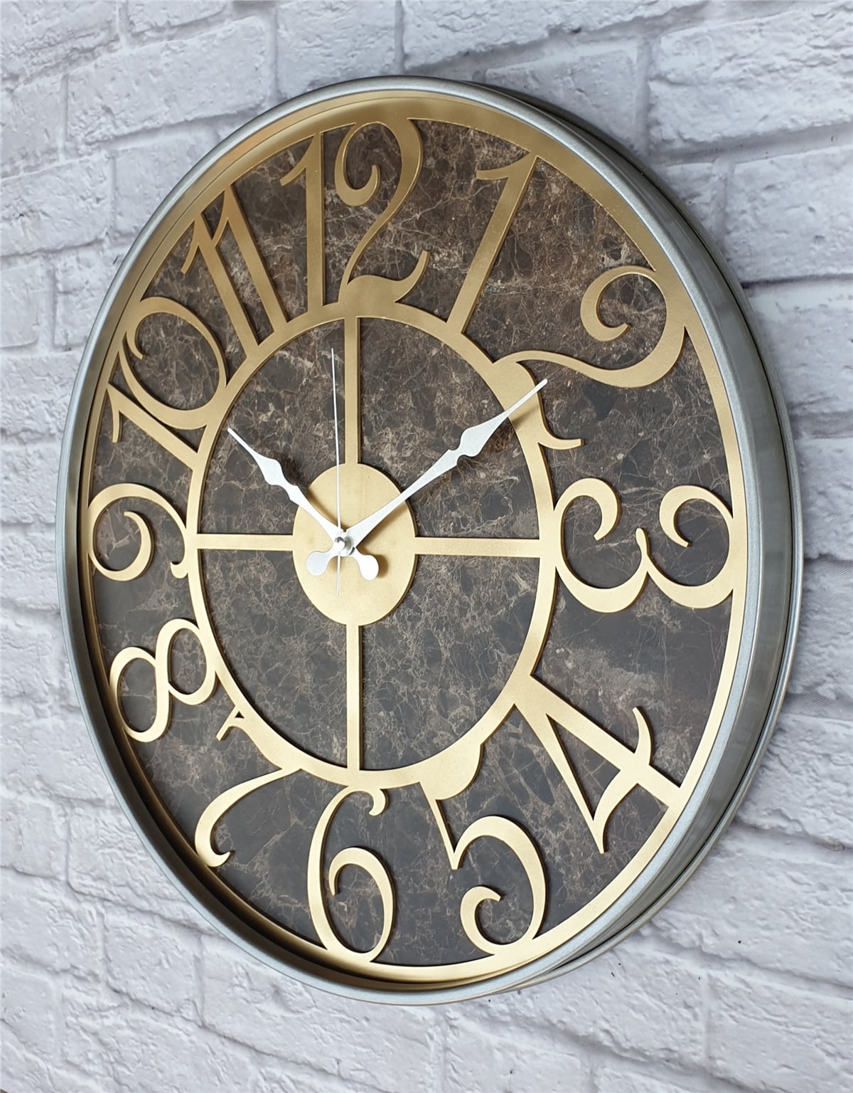 Markakanvas Gri  Metal Kasalı Mermer Desenli  Duvar Saati  ( Çap 50 cm -Çap 80 cm )