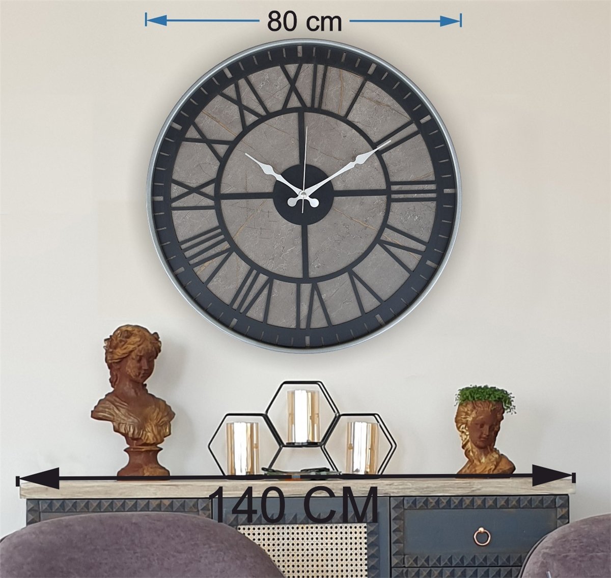 Markakanvas Gri  Metal Kasalı Mermer Desenli  Duvar Saati  ( Çap 50 cm -Çap 80 cm )